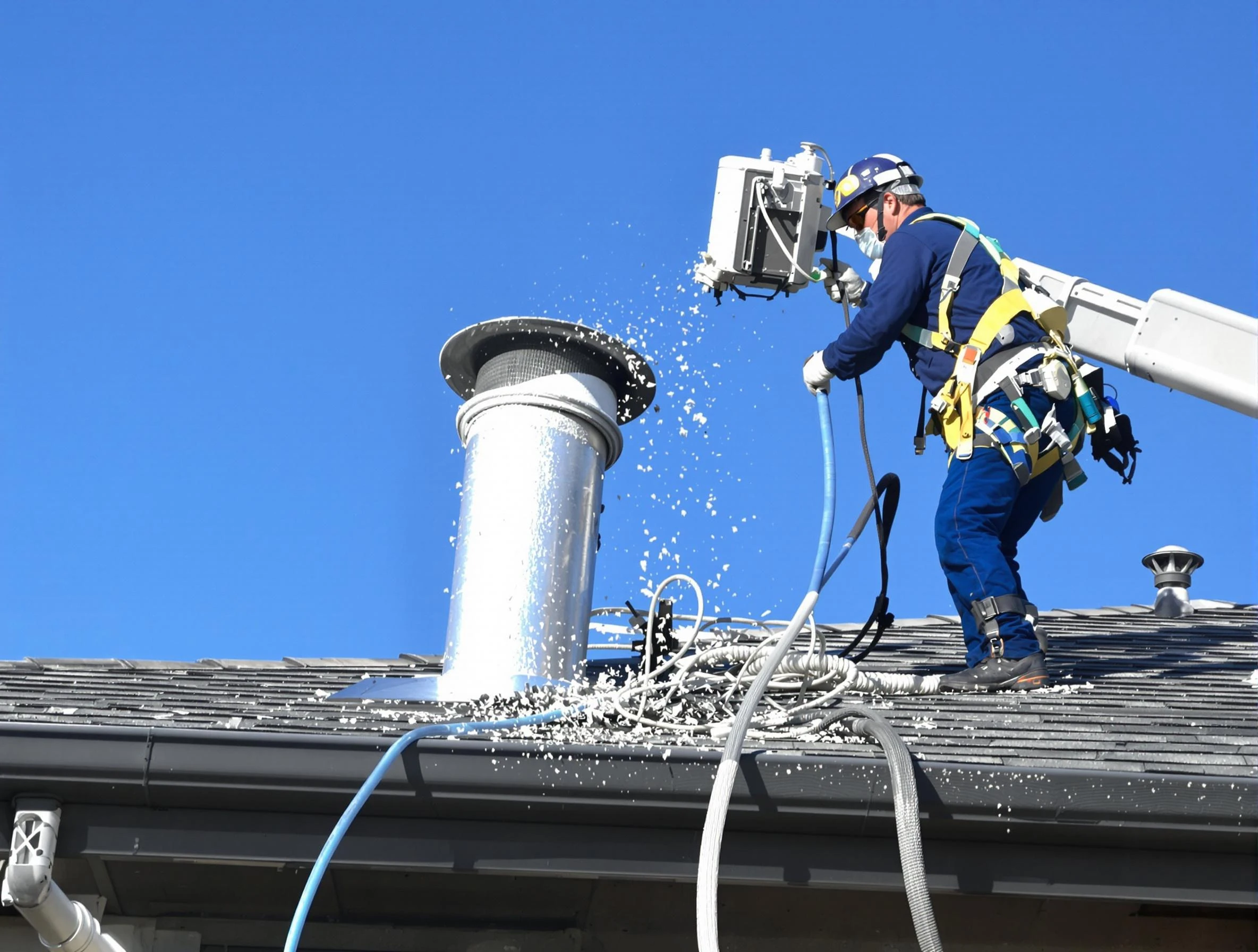 Buffalo Dryer Vent Cleaning certified technician safely cleaning a roof-mounted dryer vent in Buffalo