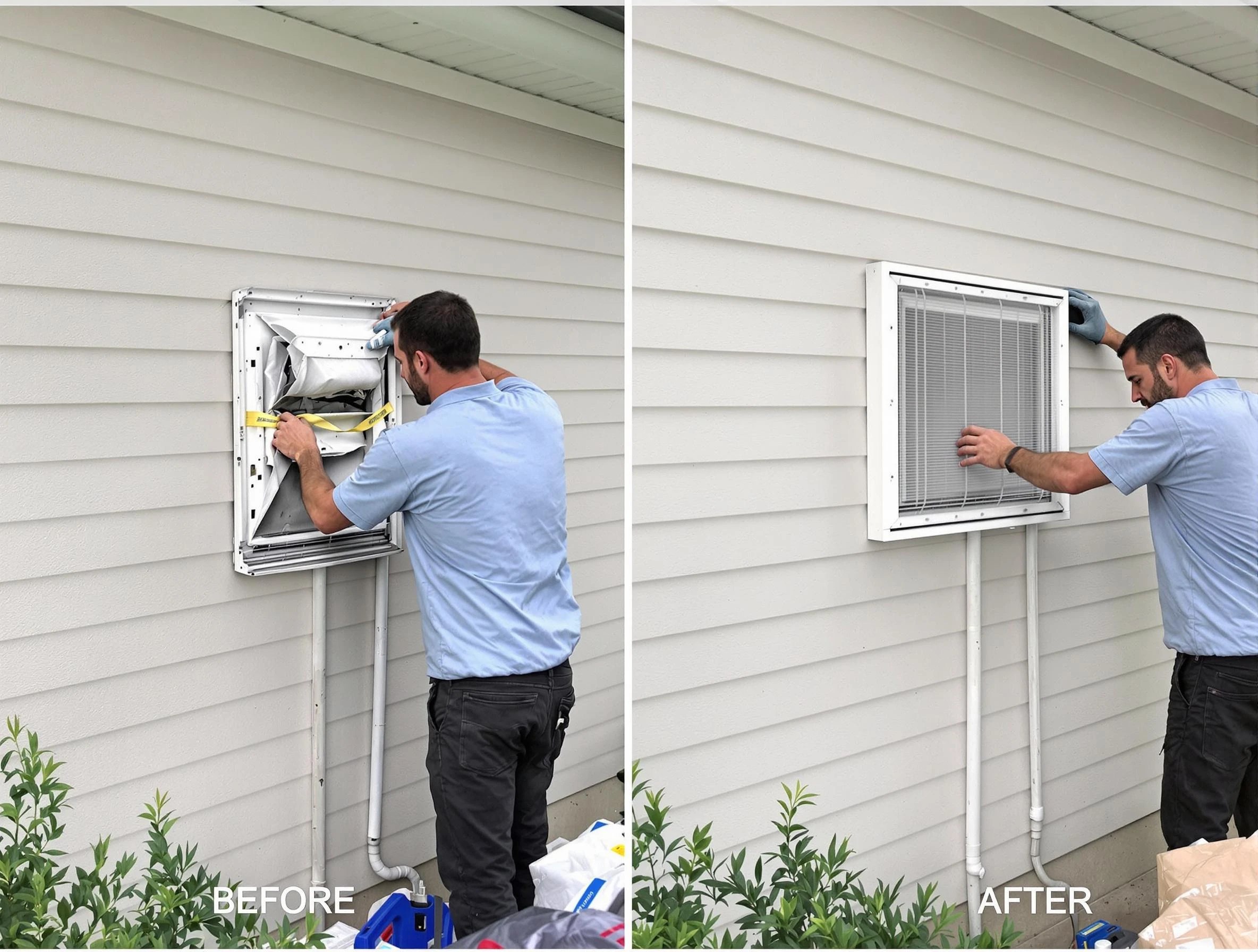 Buffalo Dryer Vent Cleaning technician installing high-quality dryer vent cover at a residential property in Buffalo